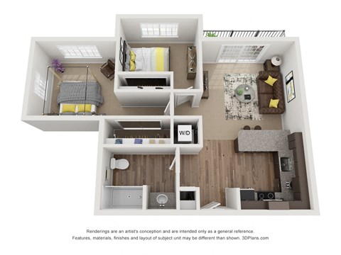 Floor plan for 2 beds, 1 bath, 678 sqft
